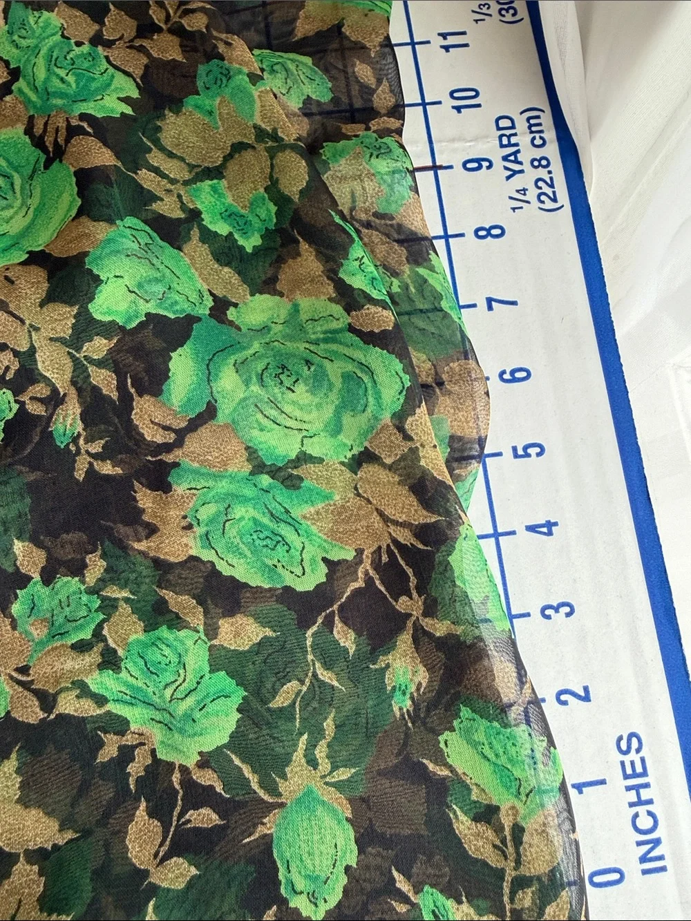 Vintage 70s Sheer Floral Fabric 4 Yards Green Roses Black Gold Flowy 42”